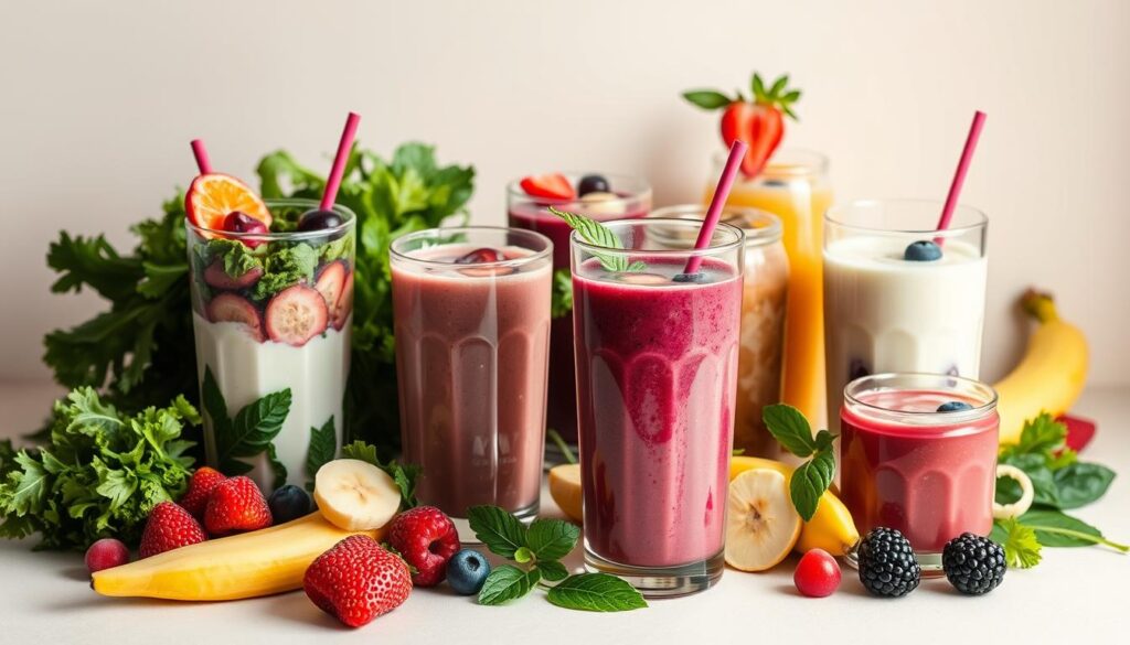 A vibrant, mouth-watering arrangement of freshly blended smoothies, captured in a crisp, well-lit still life composition. The foreground features an array of nutrient-dense ingredients like leafy greens, berries, bananas, and yogurt, swirled together in tall, tempting glasses. The middle ground showcases the smoothies from various angles, highlighting their vibrant colors and creamy textures. The background is a minimalist, light-colored surface, allowing the smoothies to take center stage. The lighting is soft and diffused, creating a warm, inviting atmosphere that accentuates the smoothies' alluring appeal. This image evokes a sense of wholesome nourishment and the perfect way to kickstart a healthy day.