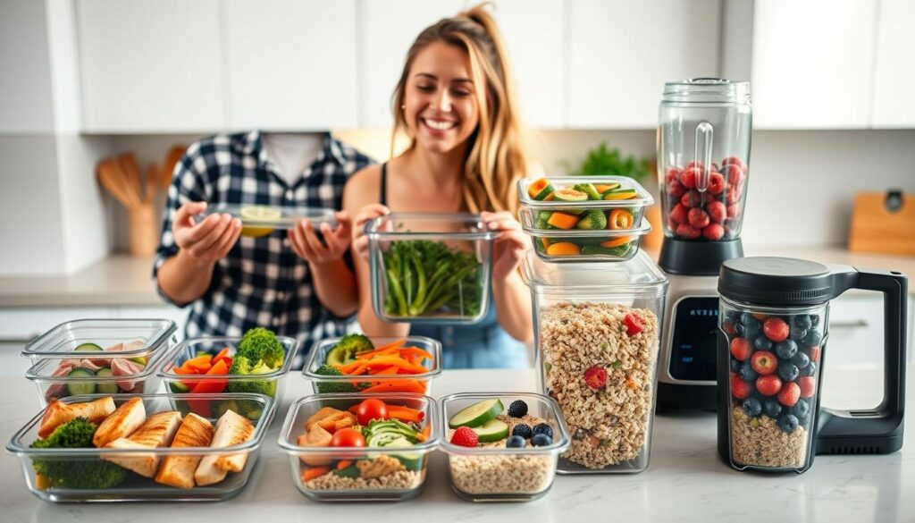 A vibrant, well-lit kitchen counter showcases an array of meal prep containers filled with an assortment of healthy ingredients: - Sliced grilled chicken breasts - Roasted vegetables (broccoli, carrots, peppers) - Quinoa salad with diced cucumber, cherry tomatoes, and a lemon vinaigrette - Overnight oats with berries, chia seeds, and a drizzle of honey Alongside the containers, a sleek blender stands ready, hinting at nutrient-dense smoothies. A friend cheerfully arranges the items, conveying the satisfaction of organized, time-saving meal prep. Warm, soft lighting and an airy, minimalist background create an inviting, aspirational atmosphere.