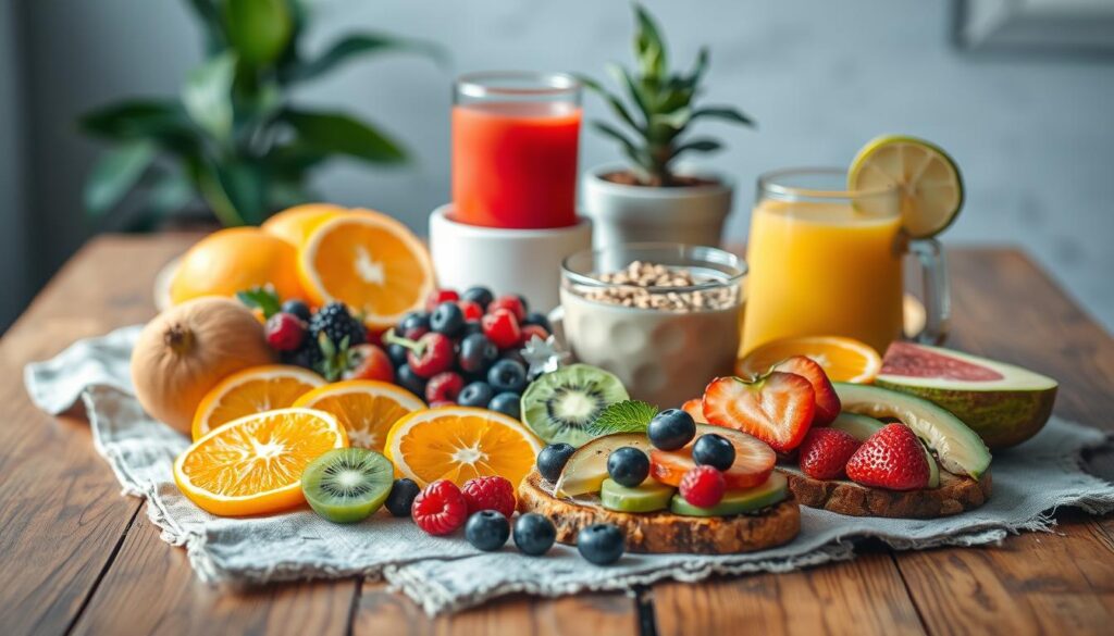A visually appetizing still life showcasing an assortment of fruit-infused breakfast items. In the foreground, a wooden table is adorned with a rustic linen cloth, upon which sits a variety of fresh, vibrant fruits - sliced oranges, kiwi, berries, and more. Arranged artfully around the fruit are other breakfast elements, such as a bowl of granola, a glass of freshly squeezed juice, and a slice of avocado toast, all bathed in soft, natural lighting. The middle ground features a potted plant or two, adding a touch of greenery, while the background is blurred, creating a sense of depth and focus on the delectable spread. The overall scene conveys a healthy, balanced, and visually enticing fruit-infused breakfast concept.