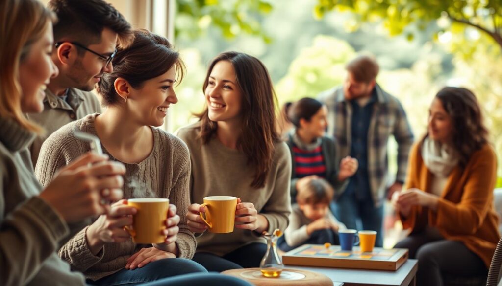 A warm, natural lighting bathes a group of people engaged in thoughtful conversation, their body language open and welcoming. In the foreground, two friends sip steaming mugs of tea while listening intently to each other. In the middle ground, a small family plays a board game, their faces alight with laughter. In the background, a couple takes a leisurely stroll, their arms linked, gazing at each other with affection. The scene evokes a sense of comfort, connection, and the simple joys of meaningful relationships.
