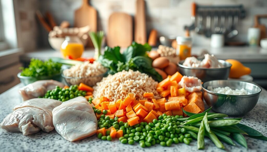 A well-lit kitchen counter, showcasing an assortment of high-quality, fresh ingredients for homemade senior cat food. In the foreground, a variety of protein sources, such as cooked chicken, boneless white fish, and lean ground turkey, are neatly arranged. In the middle ground, an array of healthy vegetables, including steamed carrots, peas, and sweet potatoes, are carefully chopped. In the background, a collection of supplemental ingredients, such as brown rice, eggshells, and fish oil capsules, are displayed alongside a few measuring cups and spoons, conveying a sense of precision and care. The overall scene emanates a warm, inviting atmosphere, highlighting the thoughtfulness and attention to detail that goes into preparing a nourishing, homemade meal for a beloved senior feline companion.