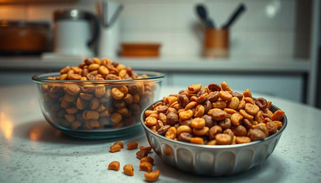 A well-lit kitchen counter, with homemade cat food in one bowl and a mix of high-quality store-bought kibble and wet food in another. The scene is shot from a low angle, capturing the contrast between the homemade and commercial options. Soft, diffused lighting creates a warm, inviting atmosphere, highlighting the textures and colors of the various ingredients. The overall composition emphasizes the balance and harmony between the two feeding options, hinting at the flexibility and customization possible when combining homemade and store-bought cat food.