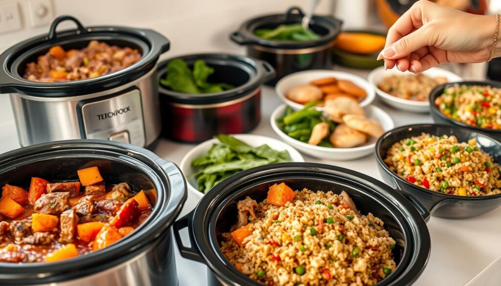 A well-lit kitchen countertop showcases an array of slow cooker dishes, each brimming with wholesome, flavorful ingredients. In the foreground, a hearty vegetable stew simmers, its rich aroma filling the air. Alongside, a fragrant chicken and quinoa dish, seasoned with aromatic herbs. In the middle ground, a variety of side dishes come into focus - roasted sweet potatoes, sautéed greens, and a colorful quinoa salad. A friend's hand reaches in, grabbing a spoonful, enjoying the comforting and nourishing meal. The overall scene exudes a warm, inviting atmosphere, perfect for a special dietary-friendly slow cooker dinner. - Slow-cooked beef and vegetable stew - Chicken and quinoa with fresh herbs - Roasted sweet potatoes - Sautéed greens - Quinoa salad with vibrant vegetables