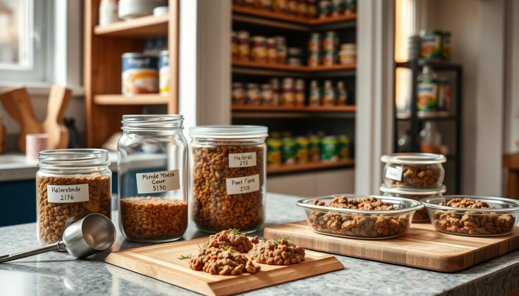 A well-organized kitchen counter displaying various homemade cat food storage containers. In the foreground, a set of glass jars and airtight plastic containers, each labeled with the contents and date. A sleek stainless steel food scoop rests nearby. In the middle ground, a wooden cutting board showcases freshly prepared cat food portions, garnished with herbs. The background features a tidy pantry with shelves of neatly stacked canned cat food and other pet supplies, bathed in warm, natural lighting from a nearby window.
