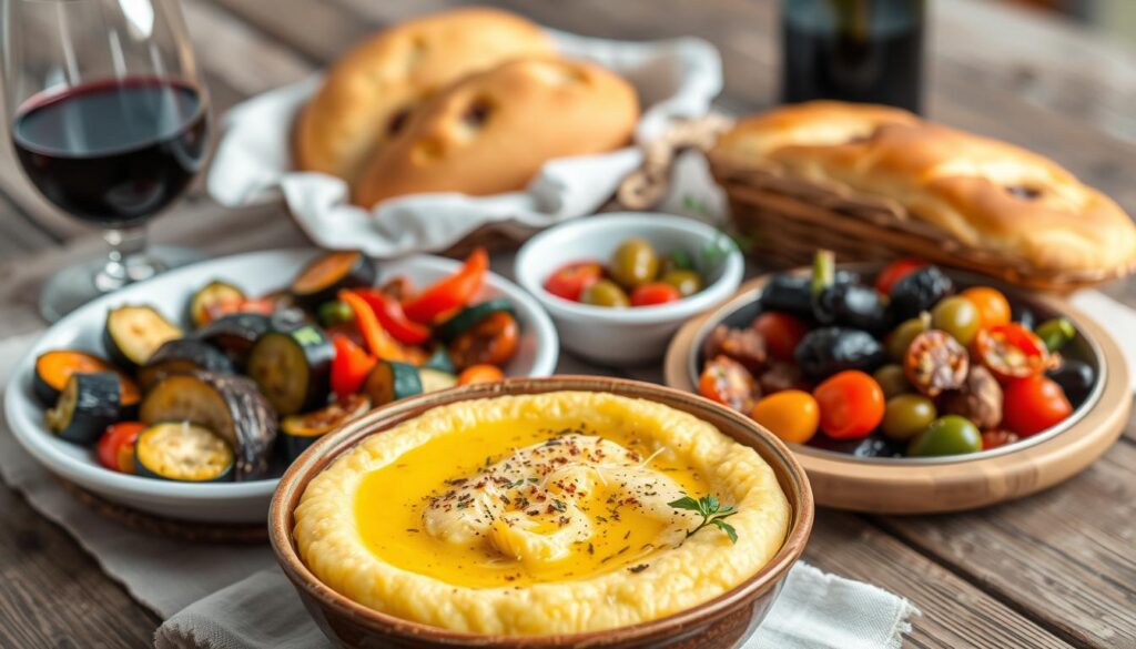 An assortment of vibrant and tempting Italian side dishes, arranged on a rustic wooden table with a linen tablecloth. In the foreground, a bowl of creamy polenta, topped with a drizzle of fragrant olive oil and a sprinkle of Parmesan cheese. Nearby, a platter of roasted vegetables - zucchini, eggplant, and bell peppers, seasoned with garlic, herbs, and a squeeze of lemon. A basket of freshly baked focaccia, its golden crust glistening, sits alongside a dish of marinated olives and sun-dried tomatoes. In the background, a glass of robust Italian red wine completes the scene, creating a warm and inviting atmosphere.