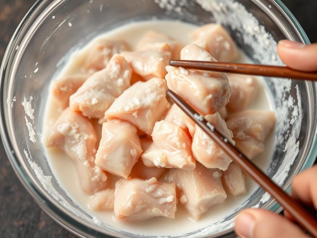 Demonstration of the velveting technique with chicken in a bowl Demonstration of the velveting technique with chicken in a bowl