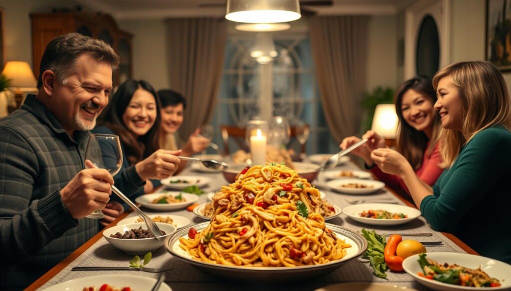 Family enjoying Chicken Chow Mein LBC meal together at dining table