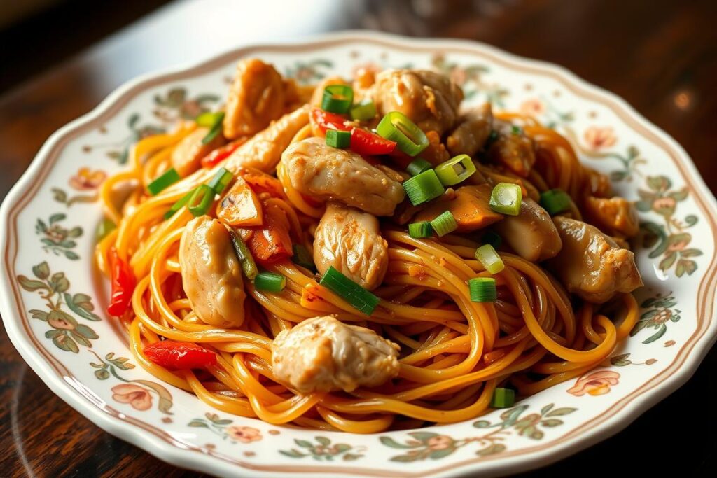Final plated Chicken Chow Mein LBC ready to serve
