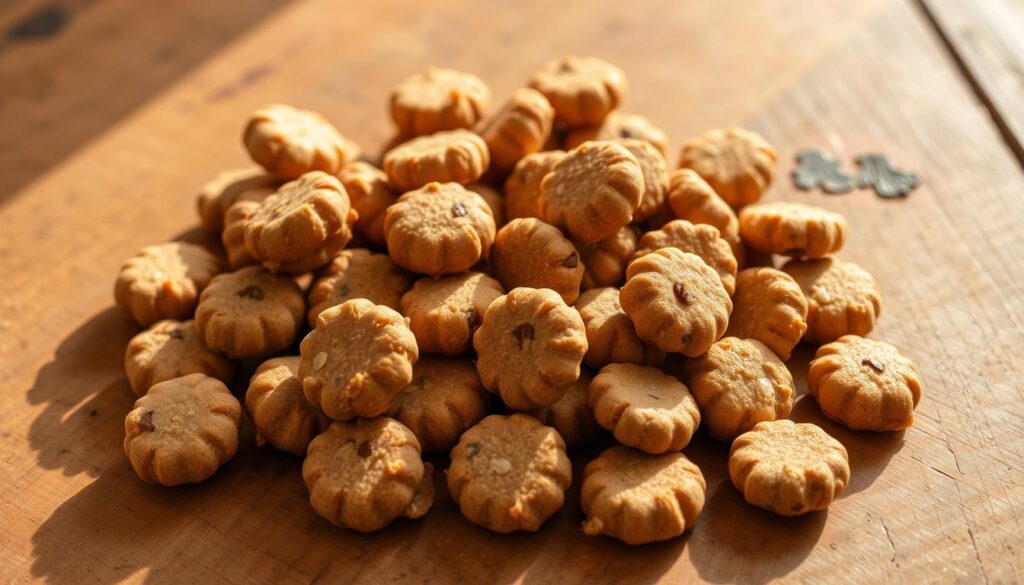 Homemade hypoallergenic cat treats arranged on a rustic wooden surface, bathed in warm, natural lighting. An assortment of round, bite-sized treats in various earthy tones, such as beige, brown, and green, made from wholesome, allergy-friendly ingredients like sweet potato, pumpkin, and oats. The treats are slightly textured, with a soft, chewy consistency, and are presented in a simple, uncluttered composition that showcases their natural appeal. The overall mood is cozy, wholesome, and inviting, reflecting the homemade and healthy nature of the treats.