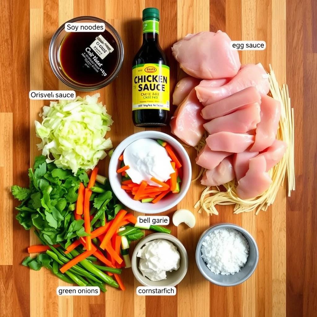 Ingredients for Chicken Chow Mein LBC laid out on a kitchen counter Ingredients for Chicken Chow Mein LBC laid out on a kitchen counter