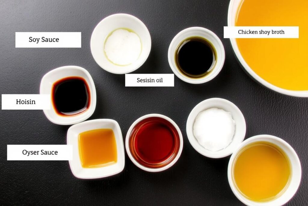 Sauce ingredients for Chicken Chow Mein LBC in small bowls