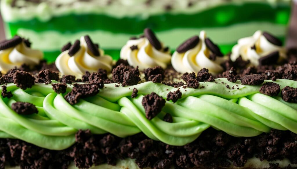 Shamrock Shake Dessert Lasagna layers: A luscious, multi-tiered delight. In the foreground, vibrant green mint-flavored cream cheese layers, delicately swirled. Juxtaposed against dark chocolate cookie crumbs, mimicking the look of lasagna noodles. The middle ground features dollops of whipped cream, accented with a dusting of crushed Oreos, evoking the classic Shamrock Shake flavors. The background showcases a shimmering, emerald-hued gelatin layer, capturing the essence of the iconic St. Patrick's Day treat. Soft, diffused lighting casts a warm, inviting glow, heightening the dessert's allure. Captured from a low angle, the image emphasizes the decadent, layered presentation, inviting the viewer to indulge in this festive, one-of-a-kind culinary creation.