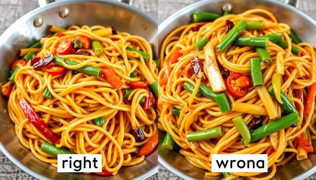 Side-by-side comparison of properly and improperly cooked Chicken Chow Mein LBC
