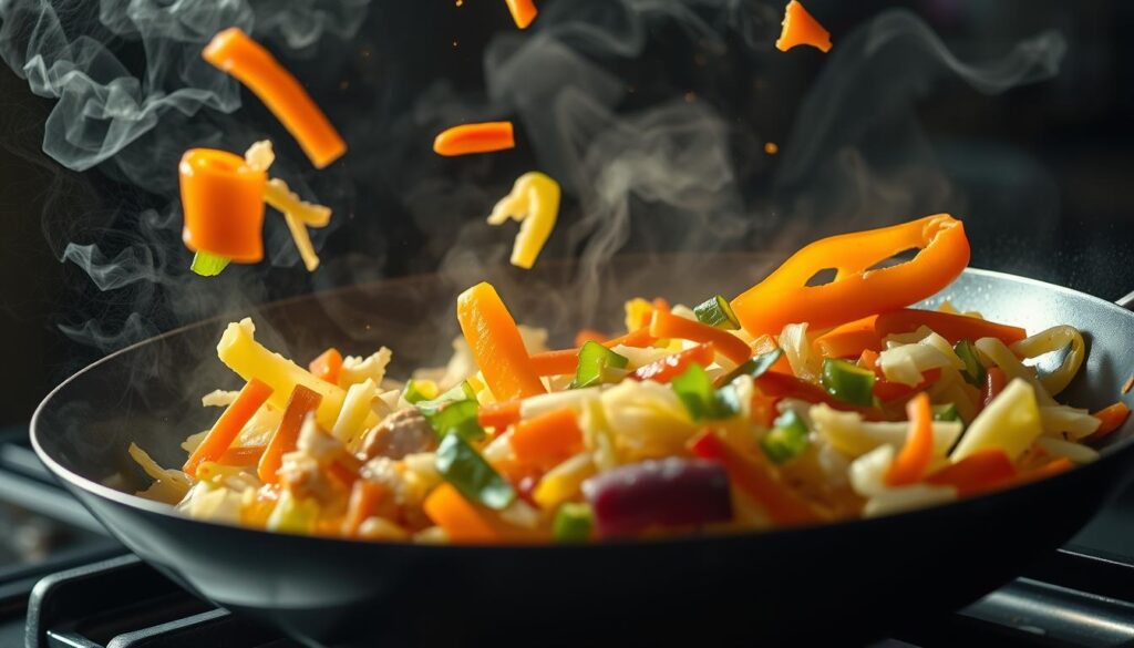 Stir-frying vegetables for Chicken Chow Mein LBC Stir-frying vegetables for Chicken Chow Mein LBC