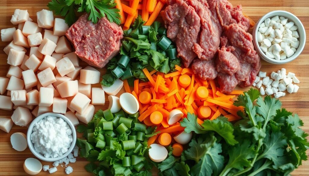 a close-up shot of various raw, fresh ingredients for homemade cat food, including diced chicken, ground beef, grated carrots, chopped kale, eggshells, and supplements, arranged on a wooden cutting board with natural lighting, shot from an overhead angle with a shallow depth of field to emphasize the textures and colors of the ingredients, creating a rustic, healthy, and appetizing atmosphere