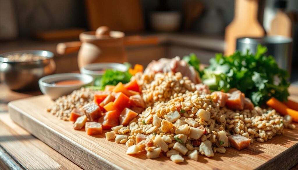 a delicately arranged homemade pet food assortment, with a variety of high-quality, freshly prepared ingredients laid out on a wooden cutting board. the scene is bathed in warm, natural lighting, creating a cozy, inviting atmosphere. in the foreground, a selection of diced meats, vegetables, and grains are neatly presented, hinting at the nutritious and flavorful nature of the homemade meal. the middle ground features small bowls containing supplements and garnishes, while the background showcases a simple, rustic kitchen setting, adding to the homemade, artisanal feel of the composition.