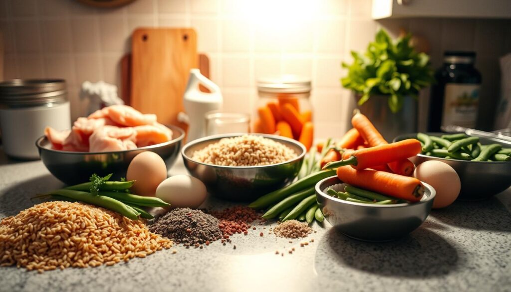a well-lit kitchen counter, filled with an assortment of natural, affordable ingredients for homemade cat food - fresh chicken or turkey, eggs, brown rice, carrots, green beans, and a scattering of dried herbs and spices. The lighting is warm and inviting, casting a soft glow over the scene. The arrangement is neatly organized, with the ingredients positioned in a visually appealing manner. The overall mood is one of simplicity, health, and practicality, reflecting the ethos of affordable homemade cat food. The camera angle is slightly elevated, providing a comprehensive view of the essential components for creating nutritious and cost-effective meals for feline companions.